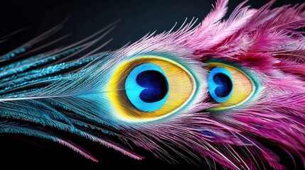 Obraz premium The enchanting eye of a peacock displaying shimmering colors and intricate patterns, surrounded by its beautiful feathers, conveying elegance and allure,