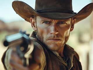 Obraz premium Determined cowboy aiming a revolver under the sun in a western setting amid arid landscape with rugged mountains in the background