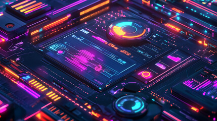 Obraz premium A futuristic digital interface with holographic elements, showcasing data analytics, graphs, and technology symbols in vibrant neon tones, representing advanced technology and innovation.