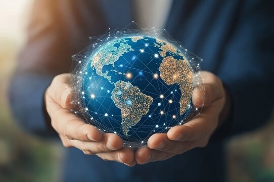 Man hands holding blue earth and global networking connection and data exchanges, global communication network concept, Generative AI