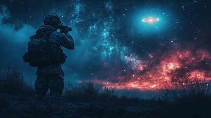 Fototapeta premium Soldier using binoculars to observe glowing UFO amidst distant stars in the night sky