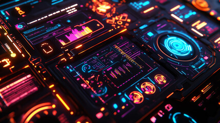 Obraz premium A futuristic digital interface with holographic elements, showcasing data analytics, graphs, and technology symbols in vibrant neon tones, representing advanced technology and innovation.