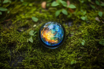 Glowing glass planet in the center on a cushion of moss and lichen, eco concept
