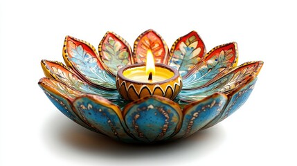 A vibrant diya lamp radiating soft light on a pure white background, highlighting its cultural and spiritual essence.