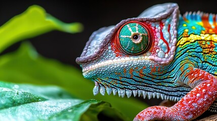 1 A captivating close-up of a chameleons eye, with vibrant scales and the unique ability to change color, representing adaptability in nature,