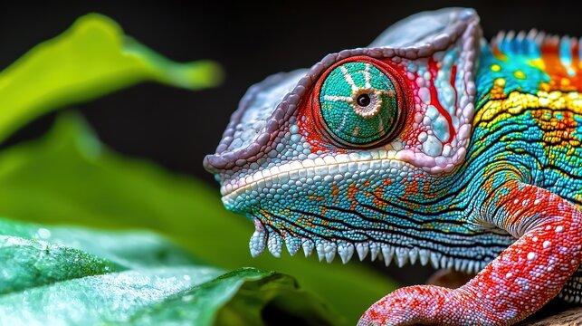 1 A captivating close-up of a chameleons eye, with vibrant scales and the unique ability to change color, representing adaptability in nature,