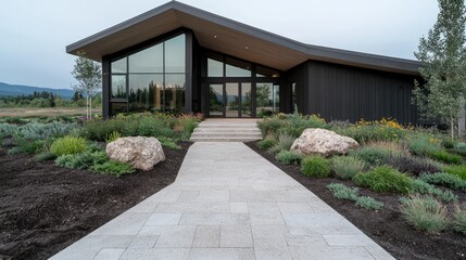 Modern home, landscaped walkway, mountain view, evening light