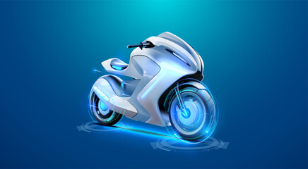 Futuristic electric motorcycle concept with a sleek, aerodynamic design and glowing neon details, set on a vibrant blue background. Perfect for sci-fi design, innovation, and transport themes. © ZinetroN