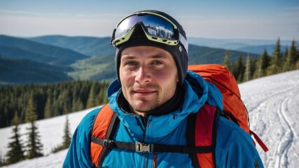 Skier trekking uphill on snow-covered mountain trail in bright sunlight surrounded by scenic pine forests