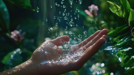 Fototapeta premium Water droplets scatter from a hand in a lush garden, creating a symbolic moment of cleanliness and harmony with nature during a health crisis.