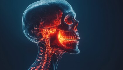 Highresolution artistic view of a human skull, with TMJ pain areas glowing red, layered muscular and skeletal details, jaw disorders