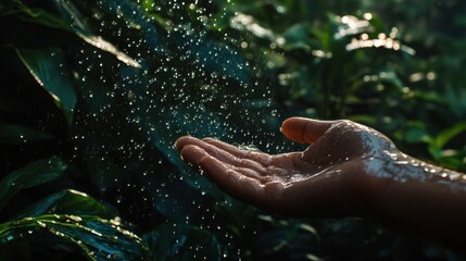 Fototapeta premium Water droplets scatter from a hand in a lush garden, creating a symbolic moment of cleanliness and harmony with nature during a health crisis.
