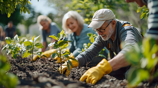 Planting trees in community park, seniors engaged in gardening activities, joyful expressions