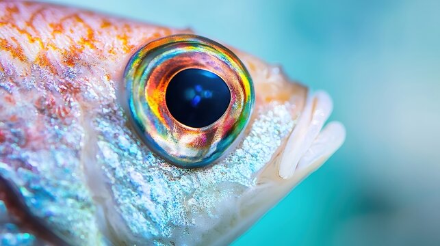 Close-up of a goatfishs eye with intricate detailing and shimmering scales, reflecting colors of the coral reef, depicting the vibrant underwater ecosystem,