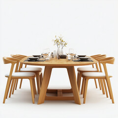 A rectangular dining table set with wooden chairs is beautifully arranged on a white background.