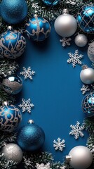 Festive Blue and Silver Holiday Decorations with Snowflakes Display