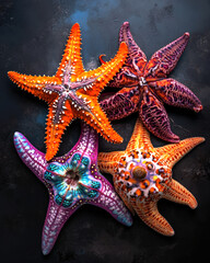 This captivating image showcases a stunning arrangement of colorful starfish, each with unique textures and patterns, set against a dark background, highlighting their natural beauty.