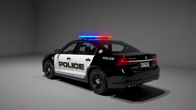 Police car showcased with lights on an uncolored backdrop during an engagement activity