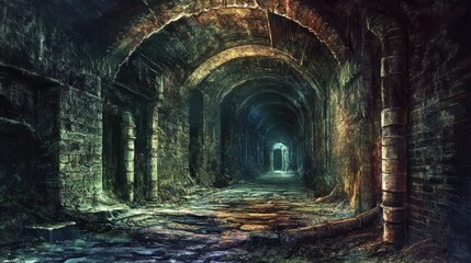 An old industrial dungeon with a narrow, shadowy tunnel, illuminated by faint, ominous lighting