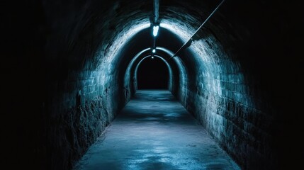 Obraz premium An old industrial dungeon with a narrow, shadowy tunnel, illuminated by faint, ominous lighting