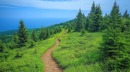Fototapeta premium A serene hiking trail winding through lush green hills towards a blue ocean.