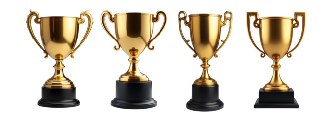  a collection of four gold trophies, each mounted on a black base. 