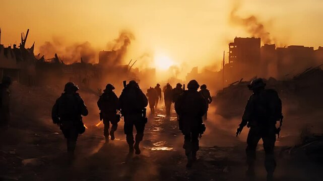 A group of military soldiers in full gear, marching across a ruined cityscape under a smoky sky. Slow dolly in, cinematic. Burning flames, moving mist