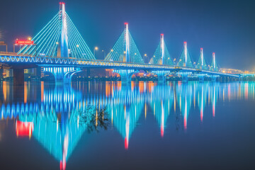 The urban skyline, hero bridge, and night view of Ganjiang River in Nanchang City, Jiangxi Province, China on April 1, 2024