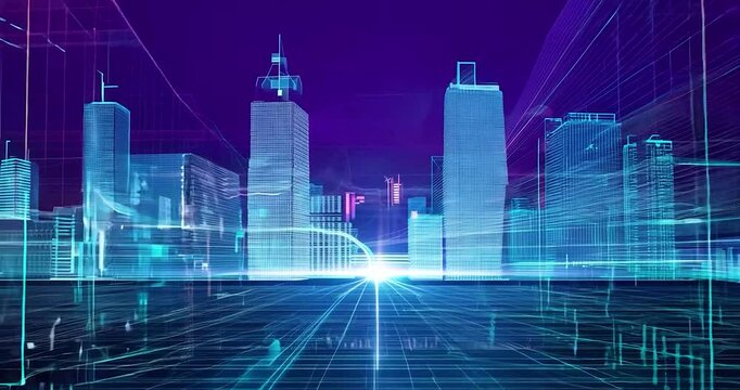A sweeping low-angle, 3D wireframe view of a smart city at dusk, showcasing intelligent building systems as binary code flows over rooftops and structures, creating a digital mesh.