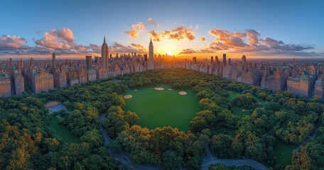 Naklejka premium Aerial View of Central Park Featuring Lush Green Nature and Manhattan Skyscrapers at Sunset