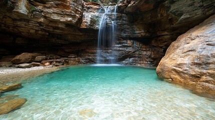 Naklejka premium A serene waterfall cascading into a clear turquoise pool surrounded by rocky cliffs.