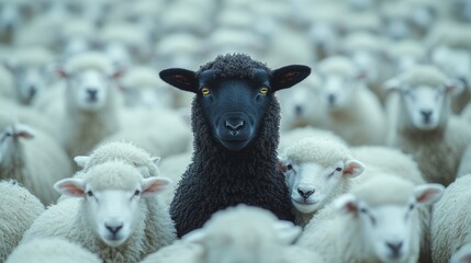 A Unique Black Sheep Standing Out in a Flock of White Sheep Embracing Individuality and Unconventional Identity