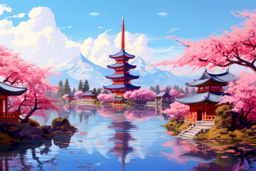 oil paint travel of japan on background