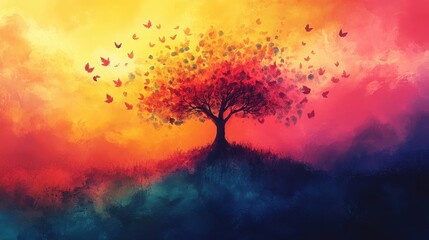 A Majestic Tree with Colorful Leaves Surrounded by Vibrant Butterflies Against a Beautiful Sunset Sky in a Dreamy Landscape