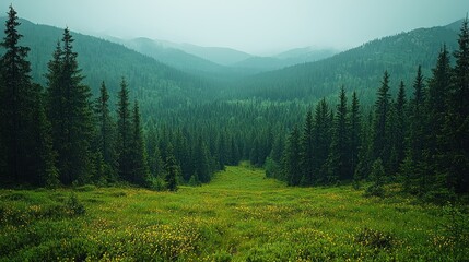 Fototapeta premium A serene valley surrounded by dense evergreen trees and misty mountains in the background.