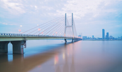 The urban skyline, Bayi Bridge, and Ganjiang River scenery of Nanchang City, Jiangxi Province, China on April 1, 2024