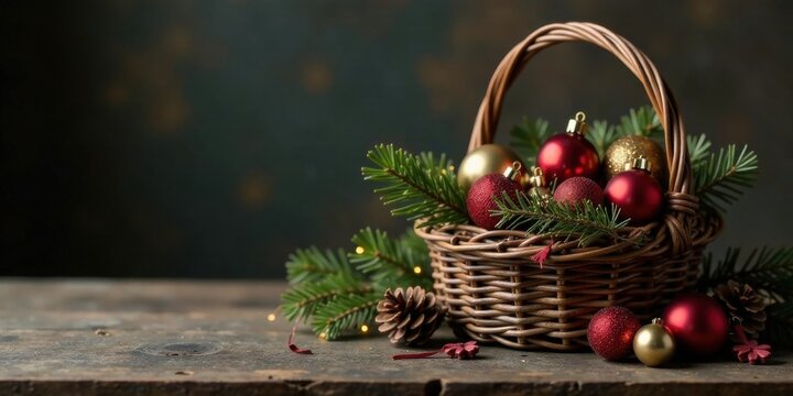A rustic wicker basket overflowing with festive red and gold ornaments, nestled amongst lush evergreen boughs and pinecones, creates a charming holiday scene on a weathered wooden surface.