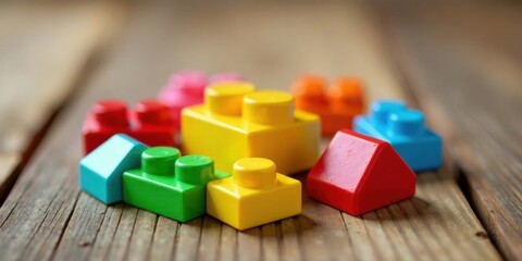 Obraz premium Colorful Plastic Blocks Arranged on Wooden Surface Representing Childhood Creativity and Imagination