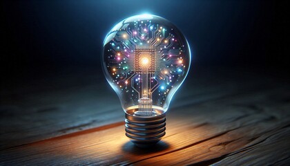 A microcircuit with connections inside a light bulb with conductors and electronics. Concept of future technologies