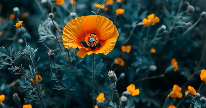 A vibrant orange poppy flower blooming in the center of a lush field of blue-green leaves and small yellow flowers, gently swaying in the wind under soft natural light.