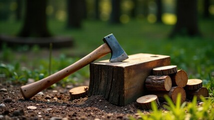 A handcrafted hatchet rests on a weathered stump amidst a scattering of wood rounds in a sun-dappled woodland setting.