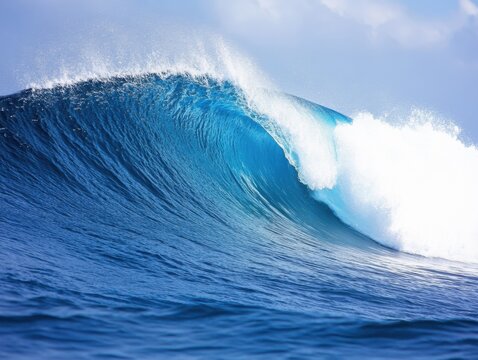 Beautiful blue ocean wave crashing in a sunny coastal environment