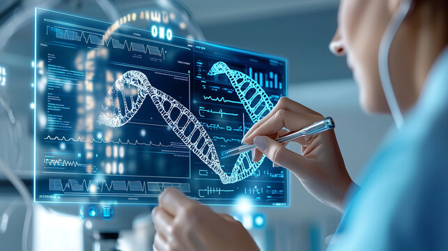 A healthcare professional engaging with a virtual DNA network interface, surrounded by digital holograms and data streams