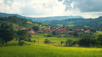Obraz premium Serene Hillside Village Amidst Lush Greenery