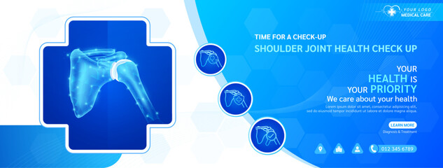 Shoulder joint bone in cross or plus frame. Medical health care check up. Shield magnifying glass examining organ icon. Template design background banner for medical ads social media editable. Vector.