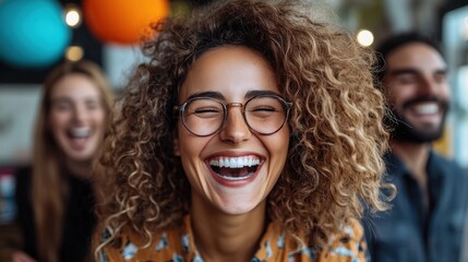 Fototapeta premium Joyful Young Woman Smiling with Friends in Colorful Café Setting