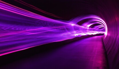 Abstract purple light streaks in dark tunnel.