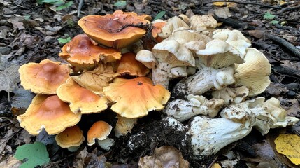 Orange and White Mushrooms Cluster on Forest Floor