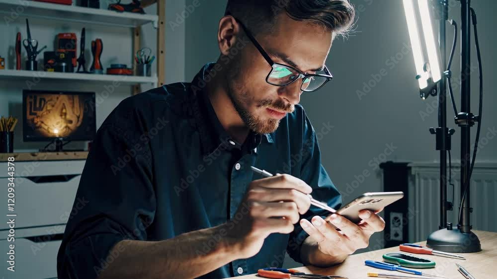 Poster Engaging technology enthusiast examines circuit board design while using smartphone in a well-lit workspace