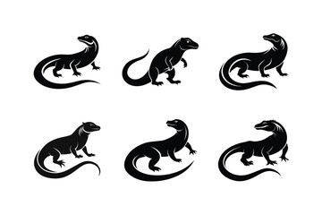 Komodo Dragon (Varanus komodoensis) mammal animal, labeled silhouette vector art illustration.